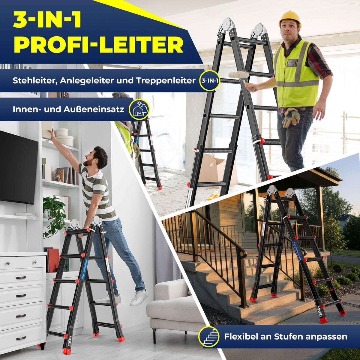 6in1 Mehrzweckleiter aus Aluminium, 20 Sprossen, 520 cm, 150 kg, ausziehbar, rutschfest, Gelenkleiter, Anlegeleiter, Klappleiter, Steh- und
