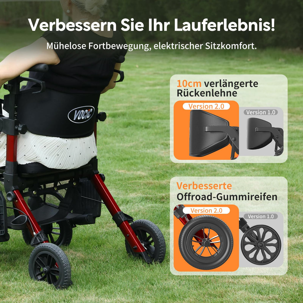 2-in-1 Rollstuhl Rollator faltbar aus Aluminium mit Sitz und Outdoor-Gummireifen, roter Gehwagen bis 136 kg