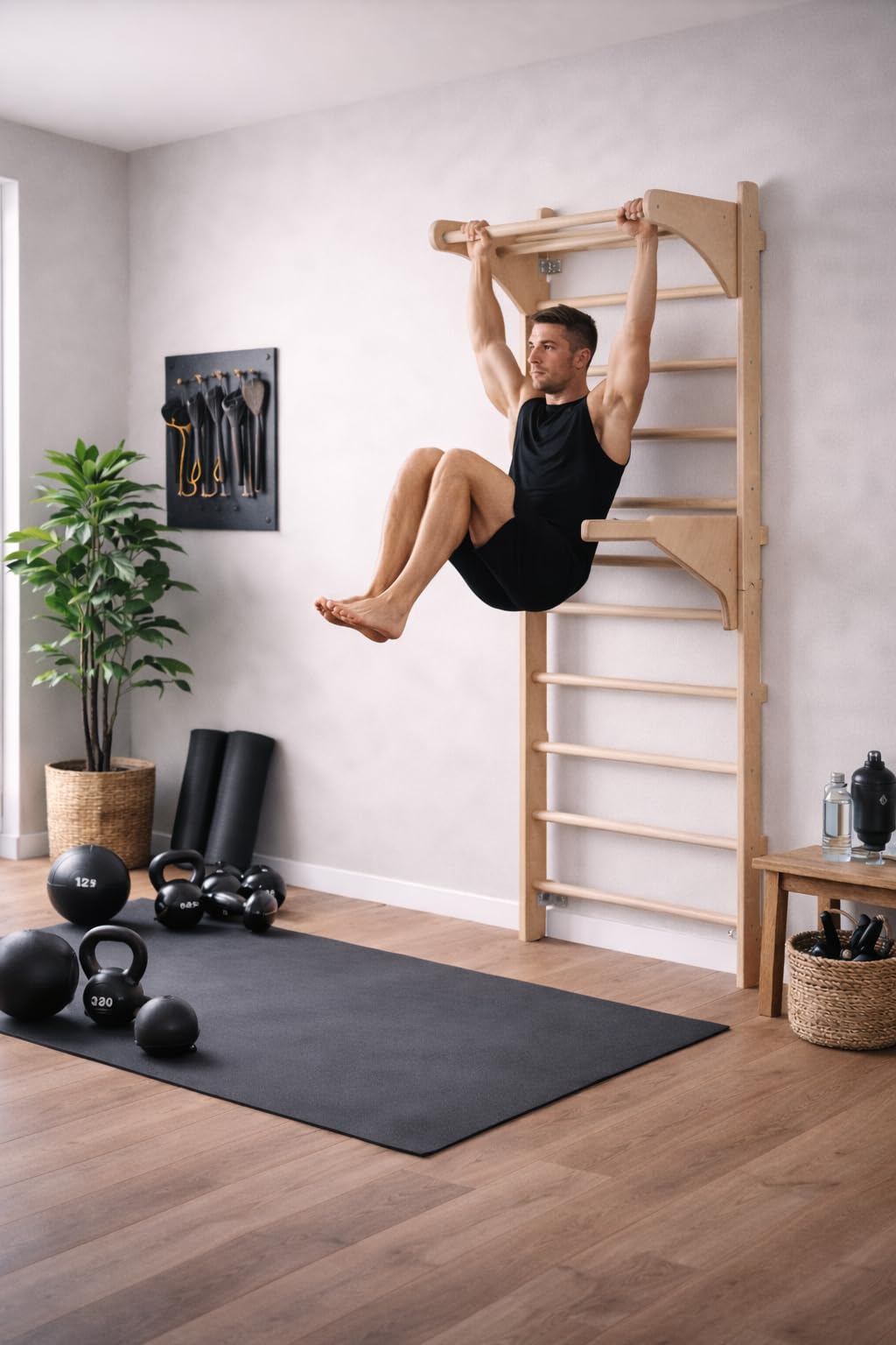 Sprossenwand mit Klimmzugstange für Erwachsene, 230 cm, Holz-Kletterwand mit verstellbaren Dip-Barren und Turnringen, Wandmontage