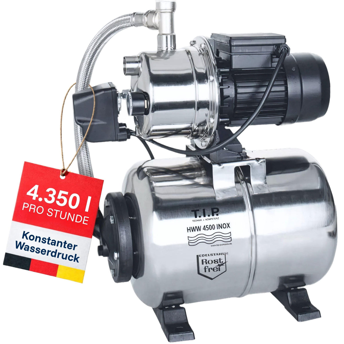 Hauswasserwerk 1200 W 4350 l/h 5 bar mit 22 L Edelstahl-Druckkessel 50 m Förderhöhe 230 V