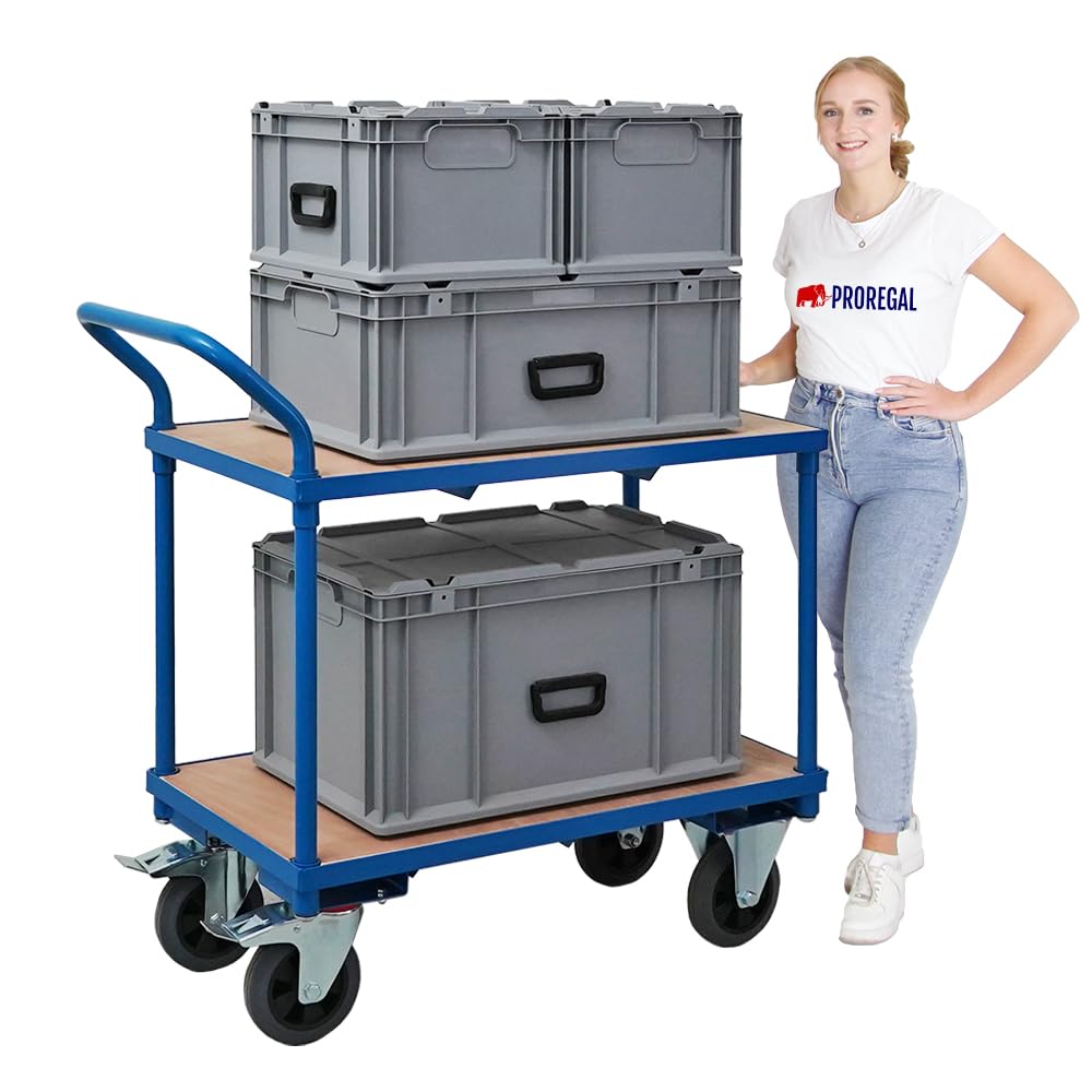 Tischwagen Transportwagen mit 2 Etagen, 95x50x97 cm, 2 Lenk- und Bockrollen, Traglast 400 kg, lichtblau