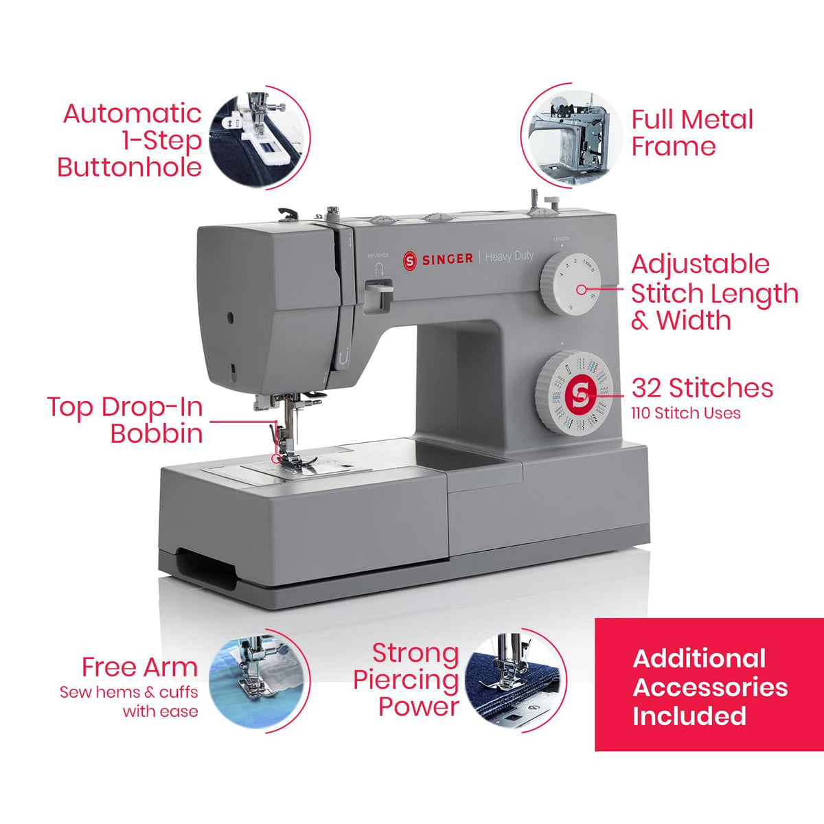 Nähmaschine Heavy Duty 4432 mechanisch mit 32 Stichen, leistungsstarkem Motor, automatischem Knopfloch und Nadeleinfädler