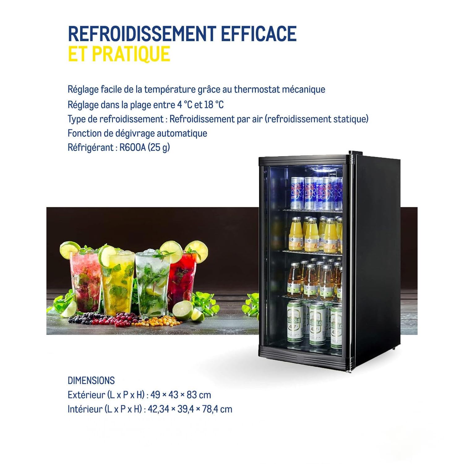 Réfrigérateur à boissons GPC1088 88L porte en verre réversible éclairage LED refroidissement statique
