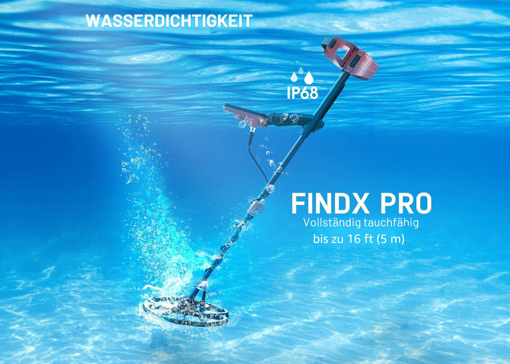 Metalldetektor FINDX PRO mit 28 cm Suchspule, vollständig wasserdicht bis 5 m, 4 Suchmodi, Pinpoint, USB wiederaufladbar, mit Kopfhörern und