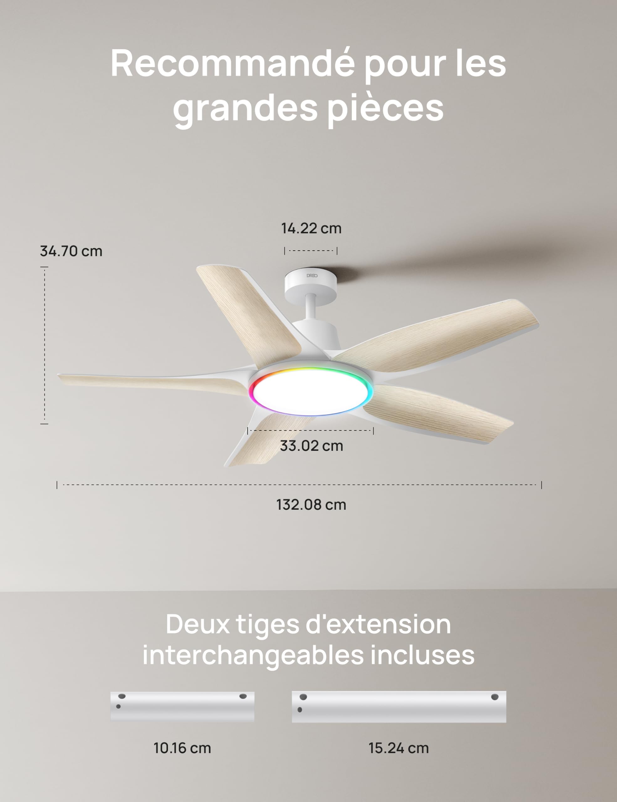 Ventilateur de plafond intelligent avec éclairage LED RGB 132 cm moteur CC silencieux contrôle APP et télécommande DR-HCF002S