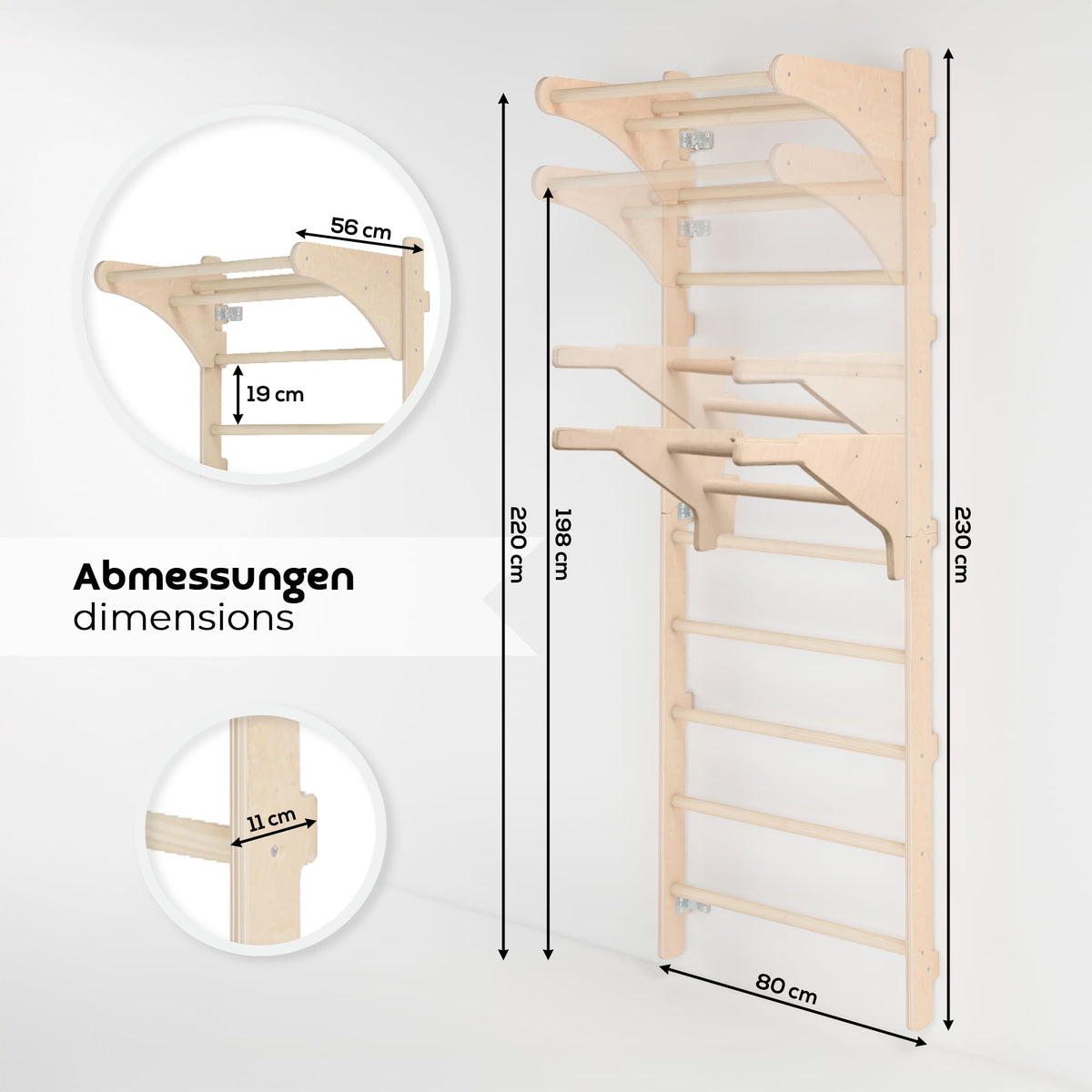 Sprossenwand mit Klimmzugstange für Erwachsene, 230 cm, Holz-Kletterwand mit verstellbaren Dip-Barren und Turnringen, Wandmontage