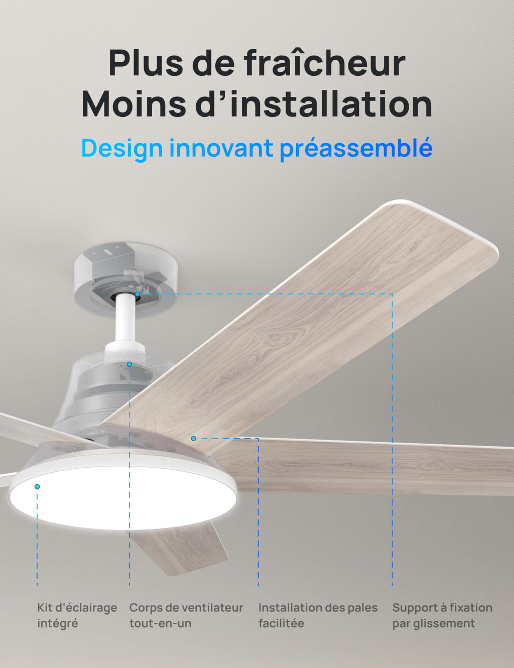 Ventilateur de plafond intelligent 132 cm avec lumière LED dimmable 12 vitesses moteur DC télécommande et contrôle APP