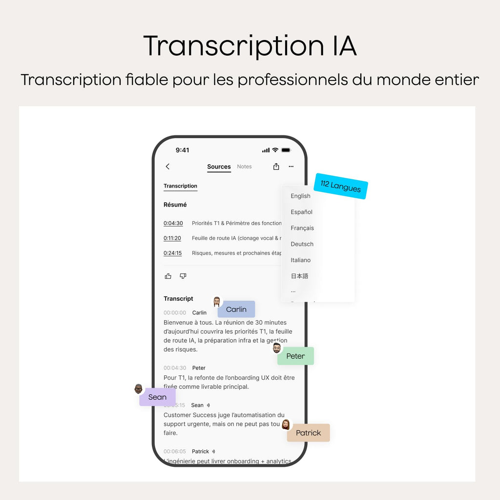 Enregistreur vocal IA Note Pro avec transcription automatique 64 Go Bluetooth 50 h d'enregistrement étui magnétique inclus