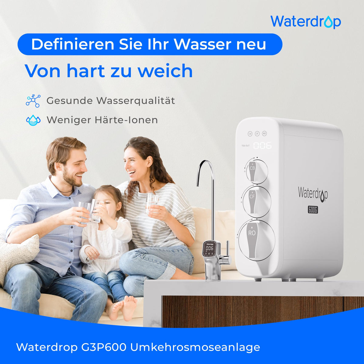 Umkehrosmoseanlage G3P600, 600 GPD, tanklos, mit Smart-Display-Wasserhahn und drei Filtern