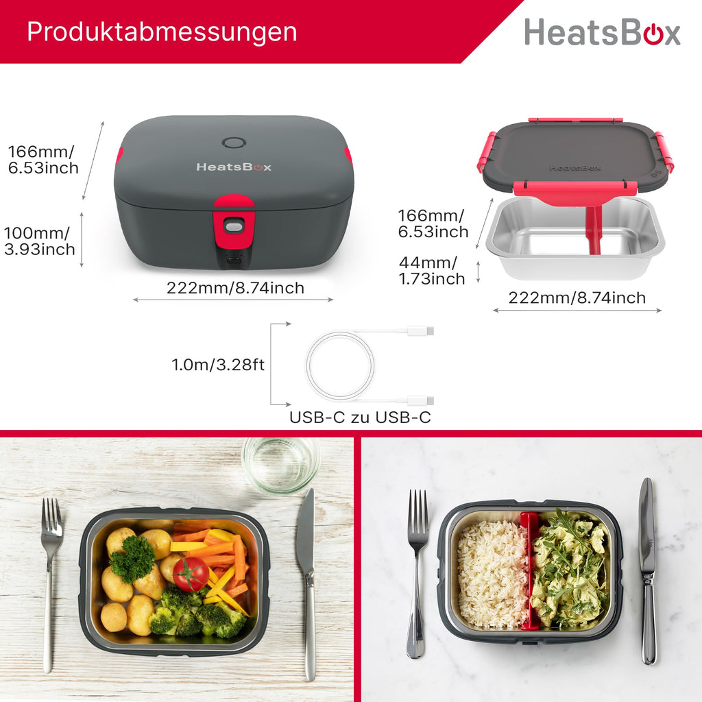 Elektrische Lunchbox mit Akku und App-Steuerung, 925 ml Edelstahl-Innenschale, auslaufsicher, 100 Watt