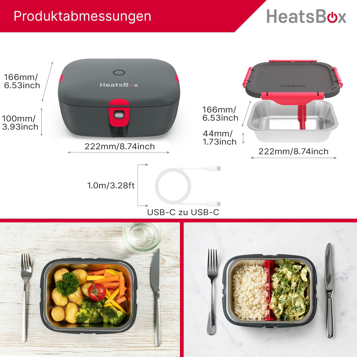 Elektrische Lunchbox mit Akku und App-Steuerung, 925 ml Edelstahl-Innenschale, auslaufsicher, 100 Watt