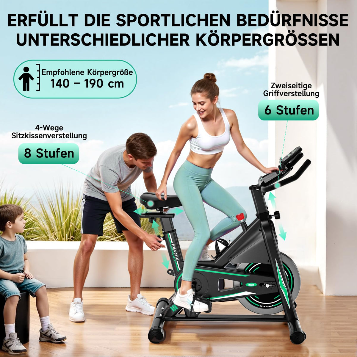 Heimtrainer Fahrrad mit 0-100% Widerstand, LCD-Display und Tablet-Halterung, bis 160 kg, 15 kg Schwungrad