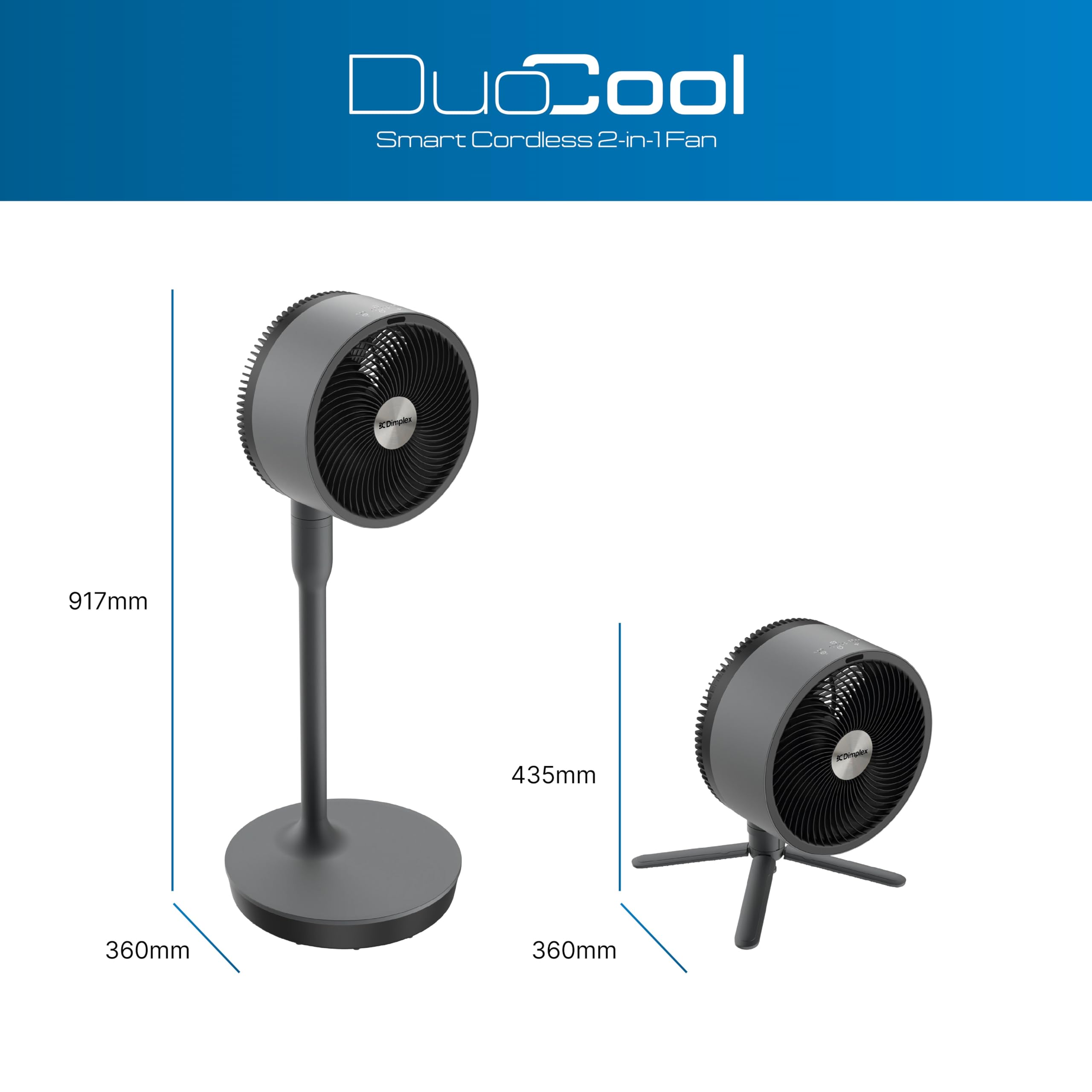 Ventilateur sans fil 2 en 1 sur pied et de table DUOCOOL Smart avec batterie rechargeable 45 h 5 vitesses mode Turbo télécommande et application