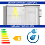 Kühlschrank ohne Gefrierfach 242 L, 143 cm hoch, Energieklasse E, 0 °C bis +8 °C, leise 40 dB, inox