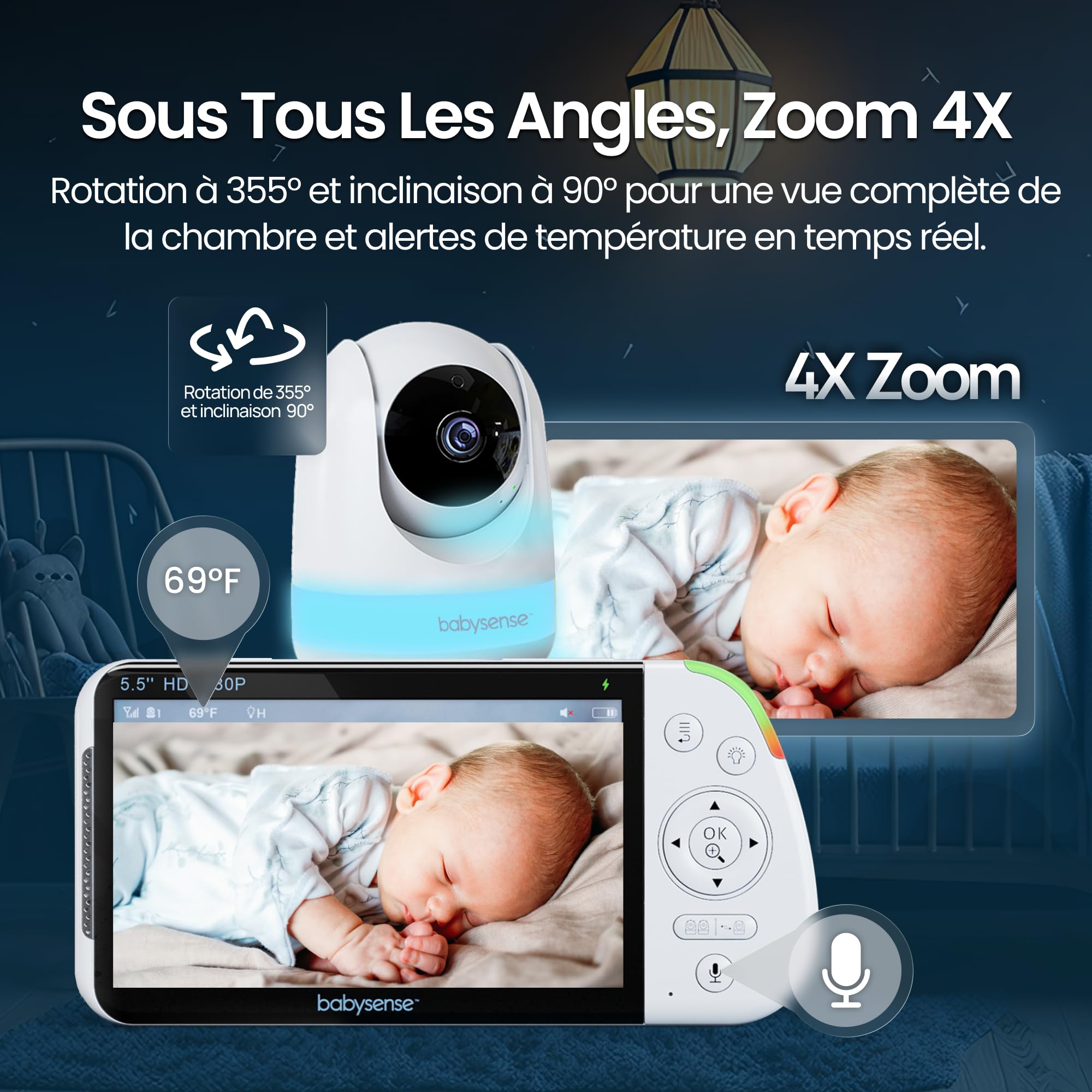 Moniteur bébé MVPRO-2CAM EU Full HD avec 2 caméras écran partagé veilleuse 6 couleurs connexion 2.4GHz FHSS sans WiFi