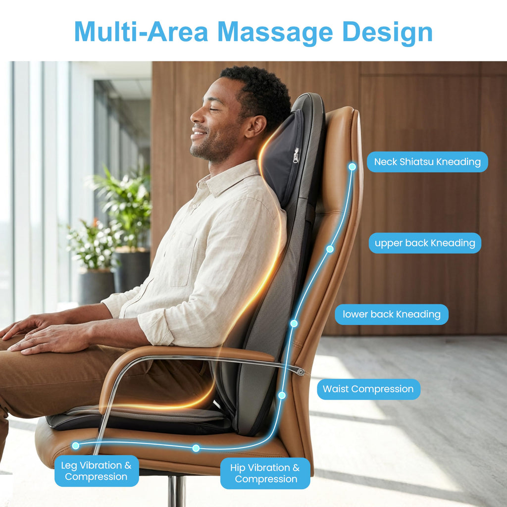 Shiatsu-Massagesitzauflage für Rücken und Nacken mit Wärme, 2D/3D-Knetmassage und Luftkompression