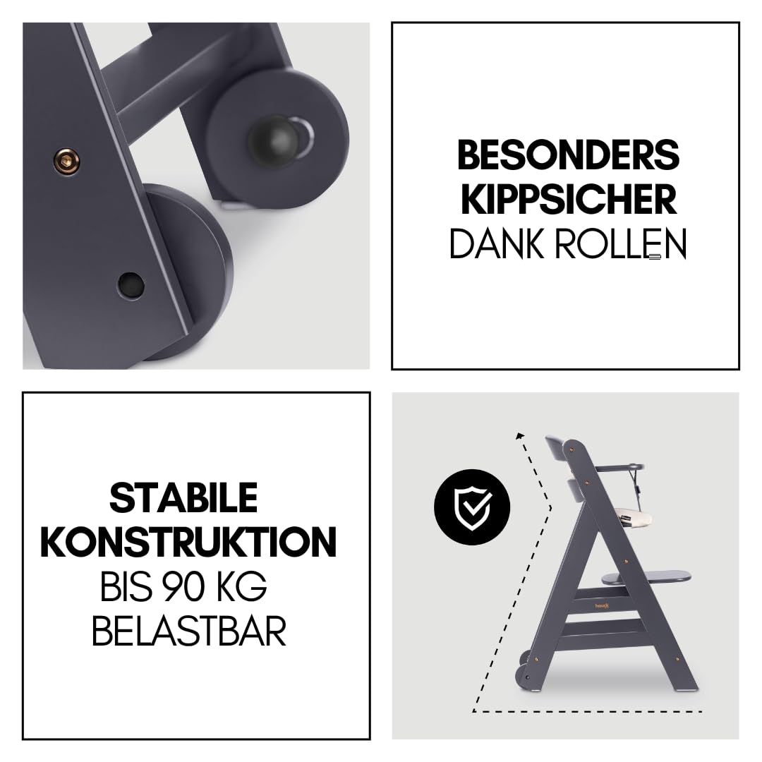 5-in-1 Hochstuhl Beta+ Newborn Set mit Deluxe Bouncer, Sitzpolster und Essbrett, aus FSC-zertifiziertem Buchenholz, Dark Grey