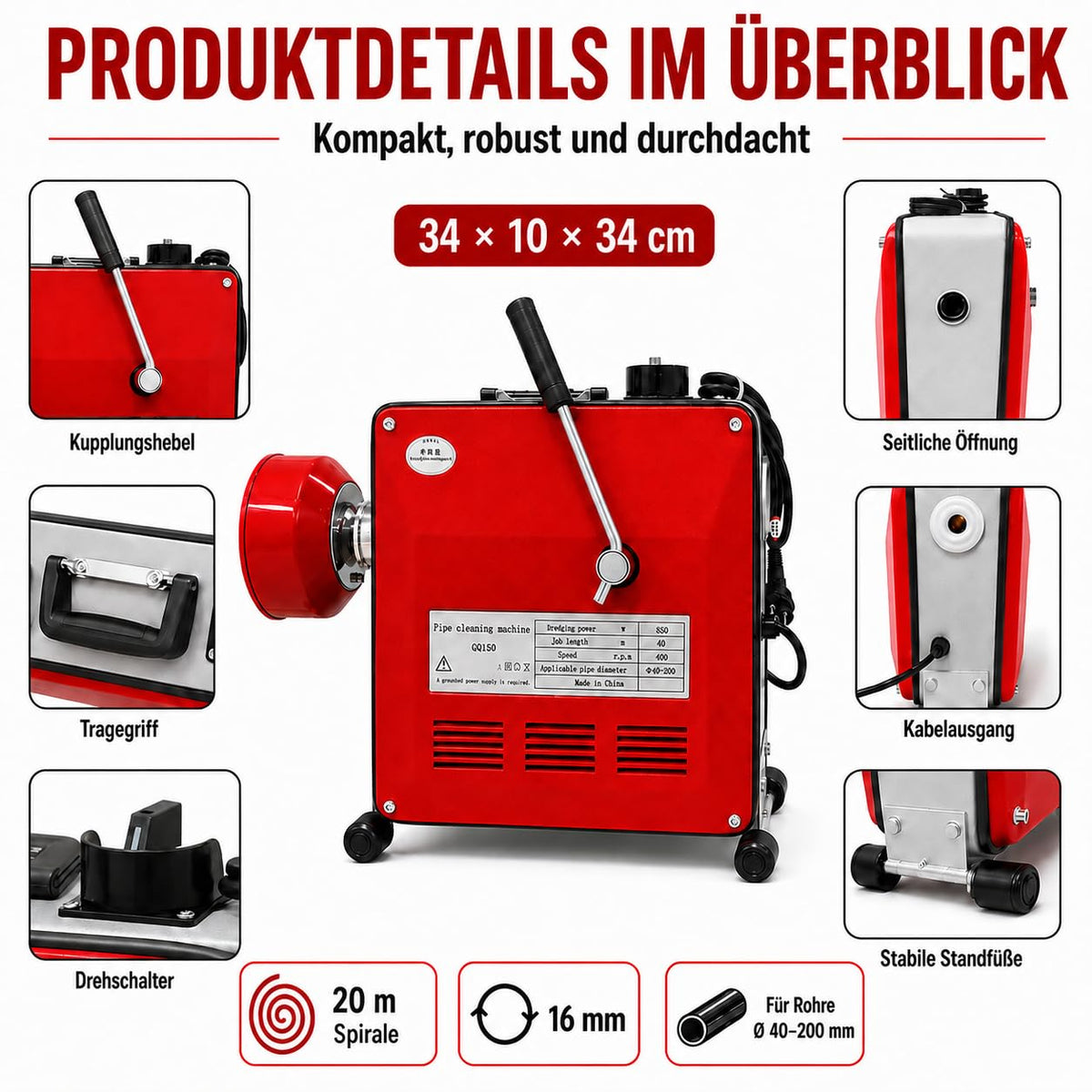 Rohrreinigungsmaschine 850W mit 400 U/min Ausgangsdrehzahl für Rohre Ø40–200 mm, inkl. 20 m Spirale, Biegespirale und 6 Reinigungsköpfen
