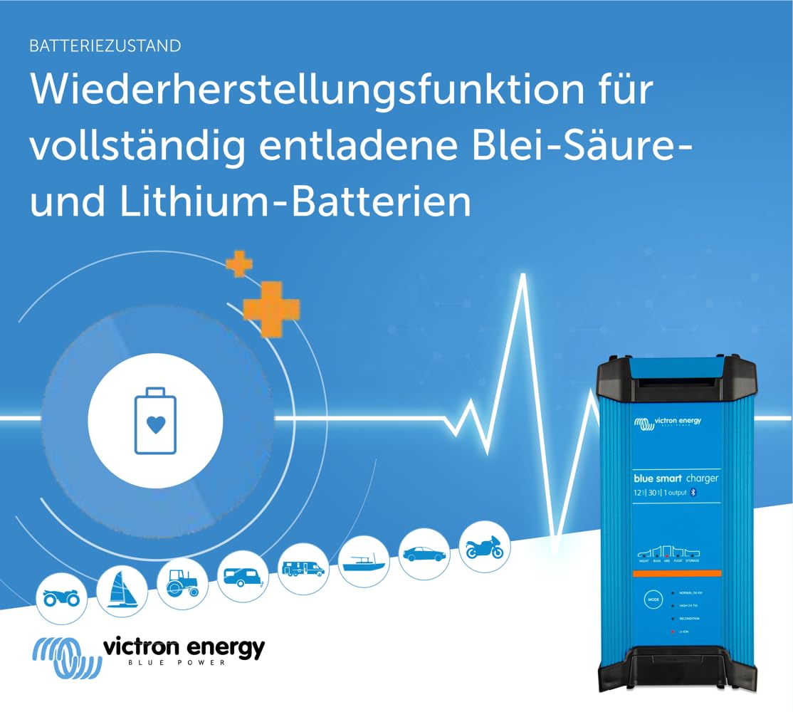 Bluetooth Batterieladegerät 12V 30A mit 1 Ausgang und CEE 7/7 Stecker, 6-Stufen-Ladealgorithmus für Lithium-Ionen