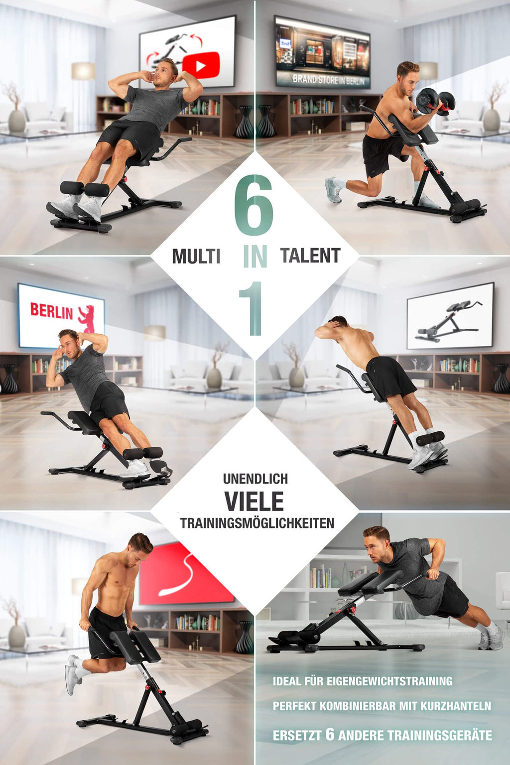 Hyperextension Rückentrainer für Zuhause, klappbar BRT150 mit 6-fach verstellbarer Polsterschiene und 130 kg Belastbarkeit
