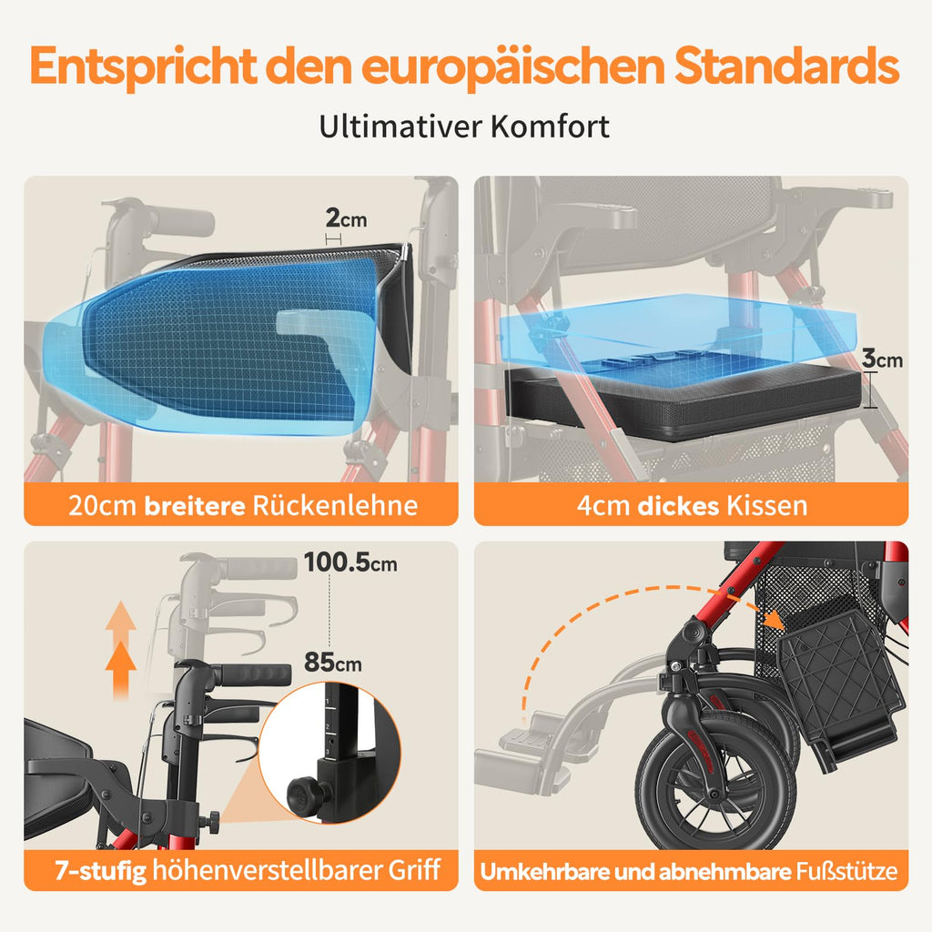 2-in-1 Rollstuhl Rollator faltbar aus Aluminium mit Sitz und Outdoor-Gummireifen, roter Gehwagen bis 136 kg