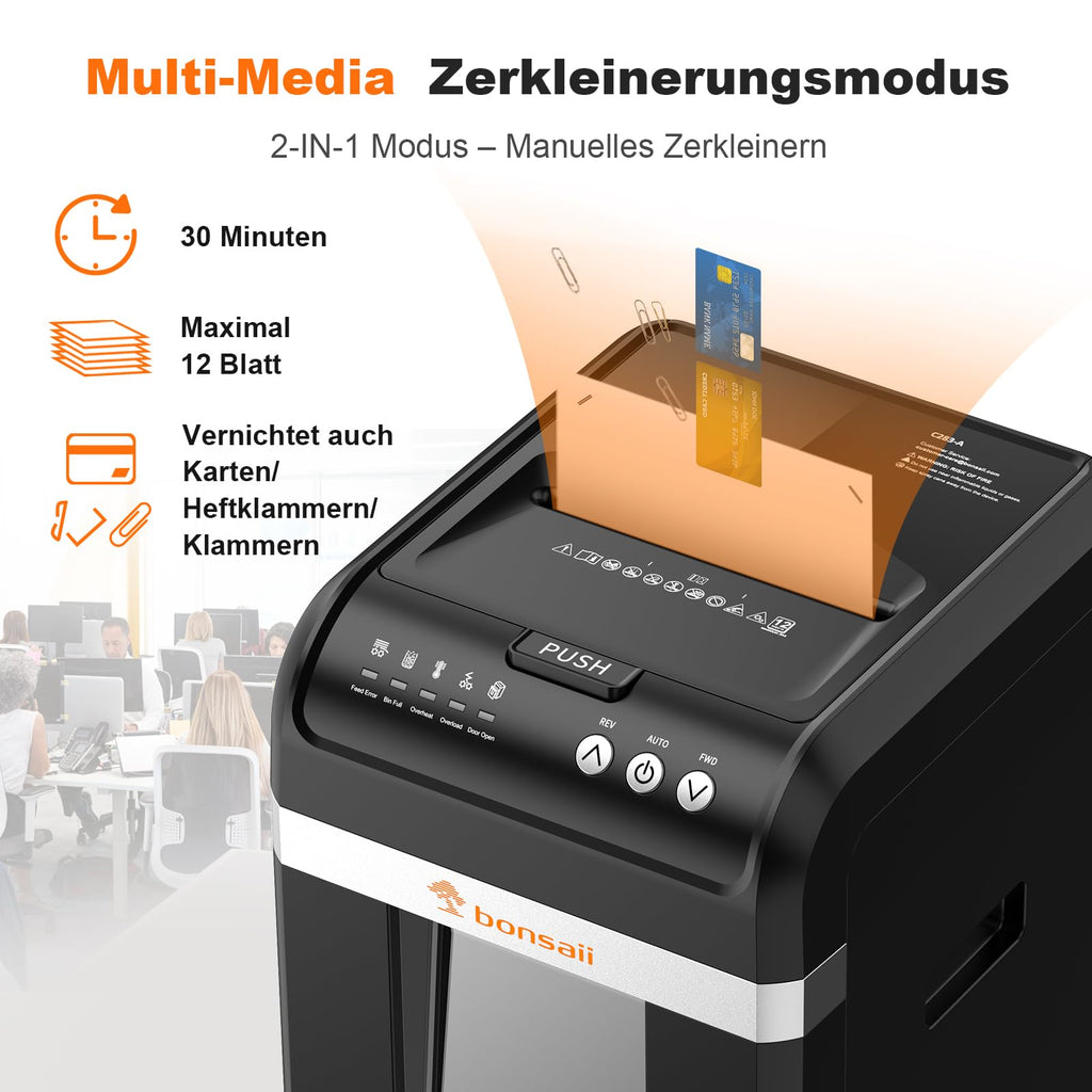 Aktenvernichter mit Auto-Feed für 200 Blatt, P-4 Mikroschnitt, 31 L Behälter, schwarz