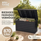 Auflagenbox 870 L in Holzoptik, abschließbar und wasserdicht mit Belüftung, Deckel bis 50 kg belastbar