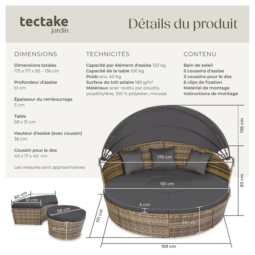 Bain de soleil jardin modulable Santorin II résine tressée 175 x 171 x 136 cm avec pare soleil pliable coussins inclus