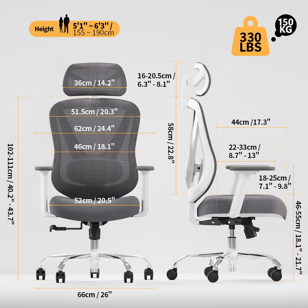 Chaise de bureau ergonomique V Chair Vchair-GR avec support lombaire 3D accoudoirs réglables 3D appui-tête réglable dossier en maille blanc