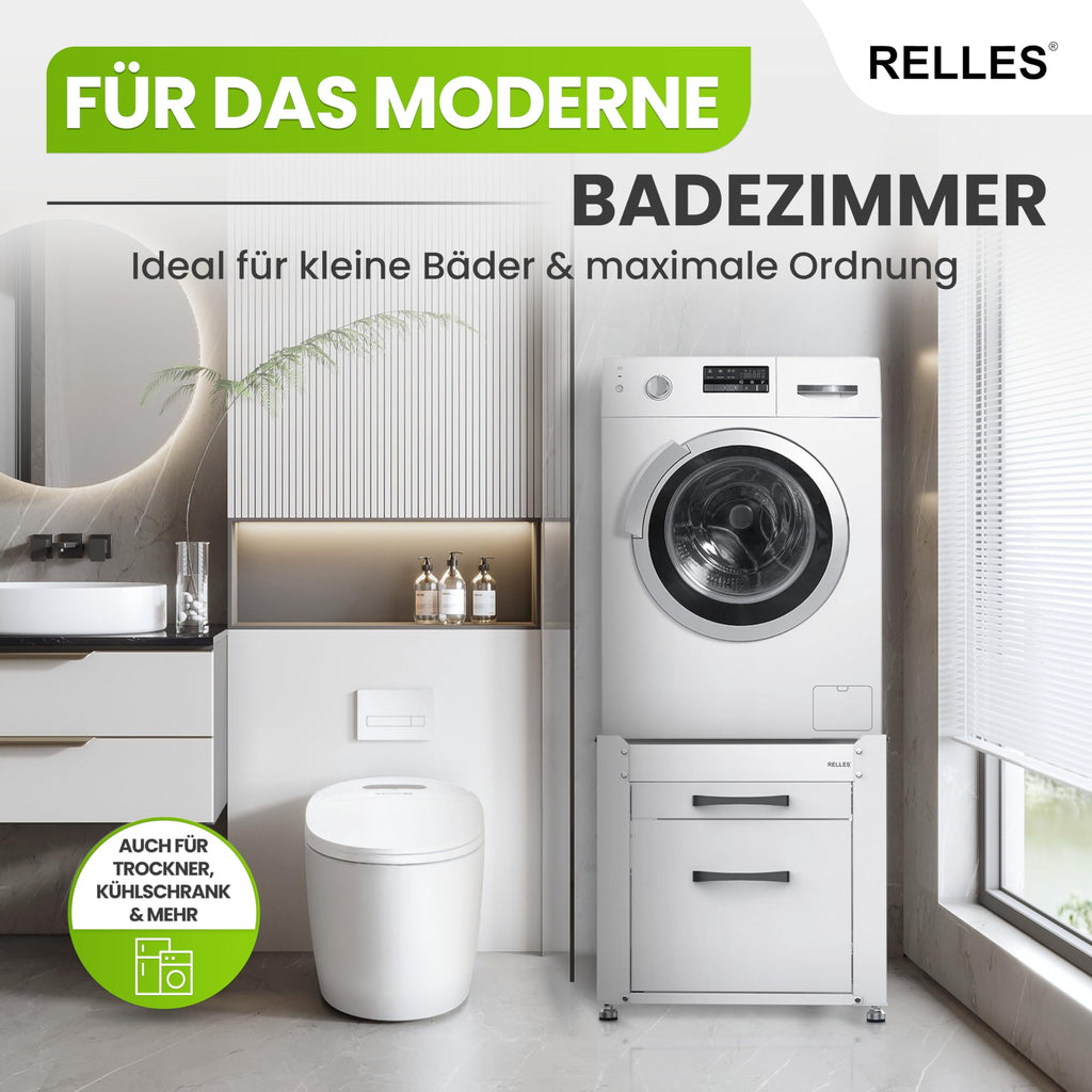 Untergestell für Waschmaschine und Trockner mit Schublade und Ablage, 500 kg Tragkraft, Stahl, 62x62x57,5 cm, höhenverstellbare Füße