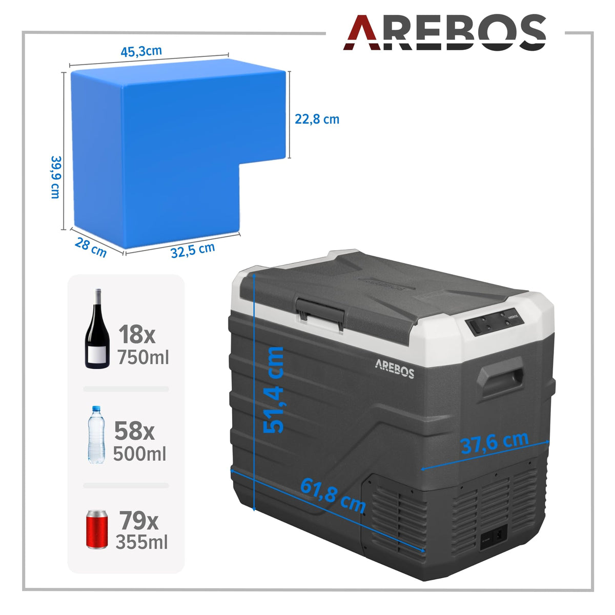 Kompressor-Kühlbox 43 Liter mit App-Steuerung LCD-Touchscreen 12/24 V AC-Anschluss Kühl- und Warmfunktion