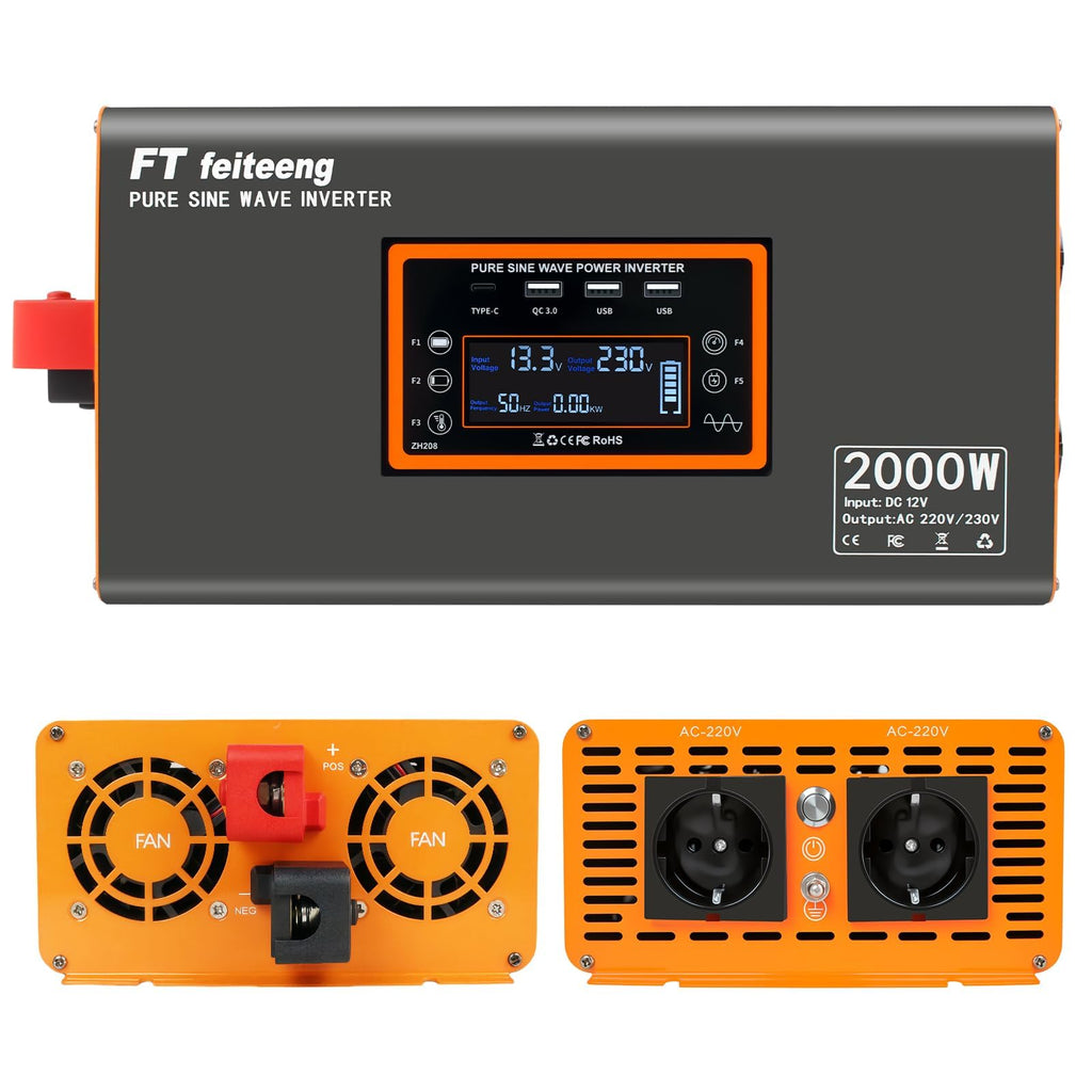 Convertisseur 12V 220V pur sinus 2000W avec puissance crête 4000W 2 prises CA port USB écran LCD et télécommande