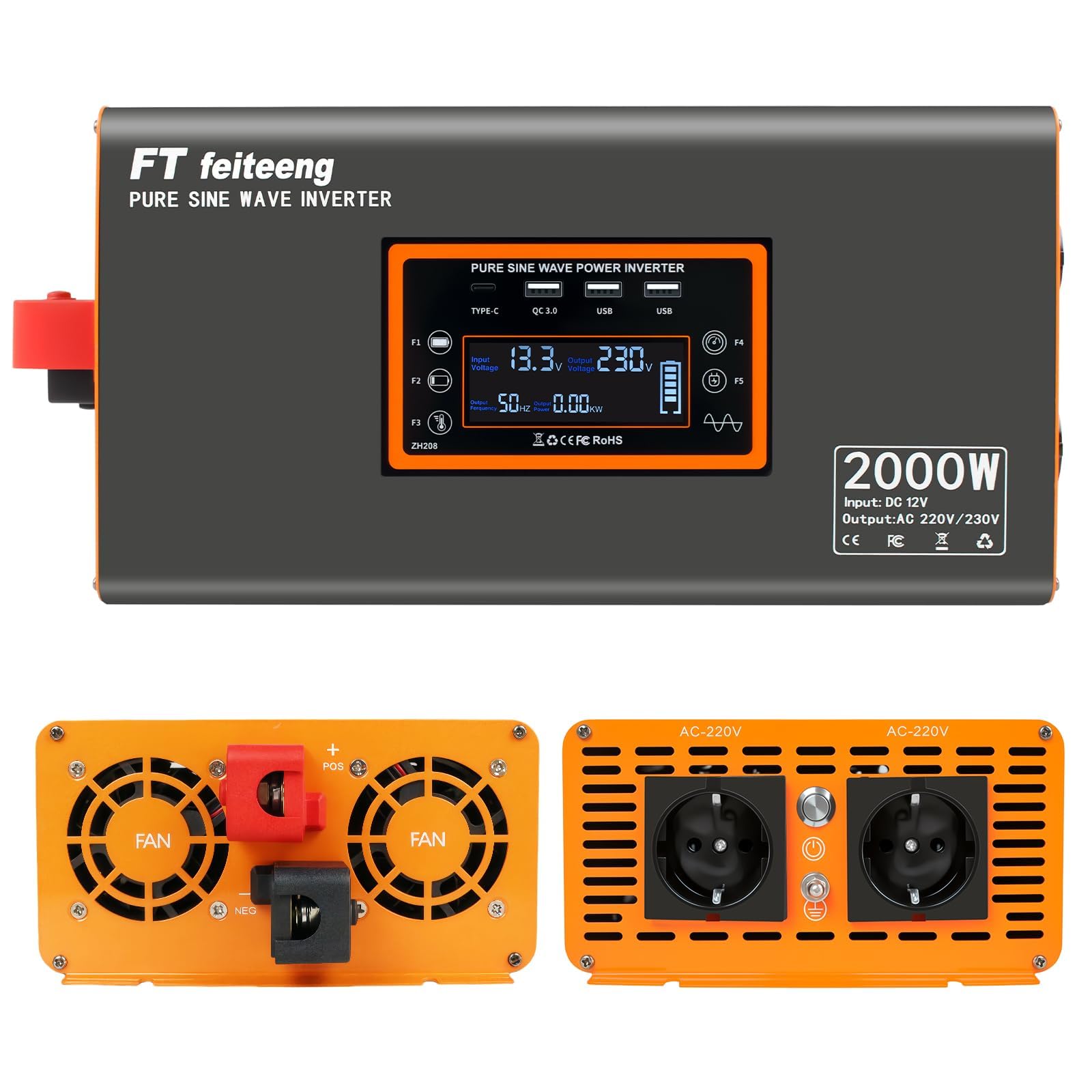 Convertisseur 12V 220V pur sinus 2000W avec puissance crête 4000W 2 prises CA port USB écran LCD et télécommande