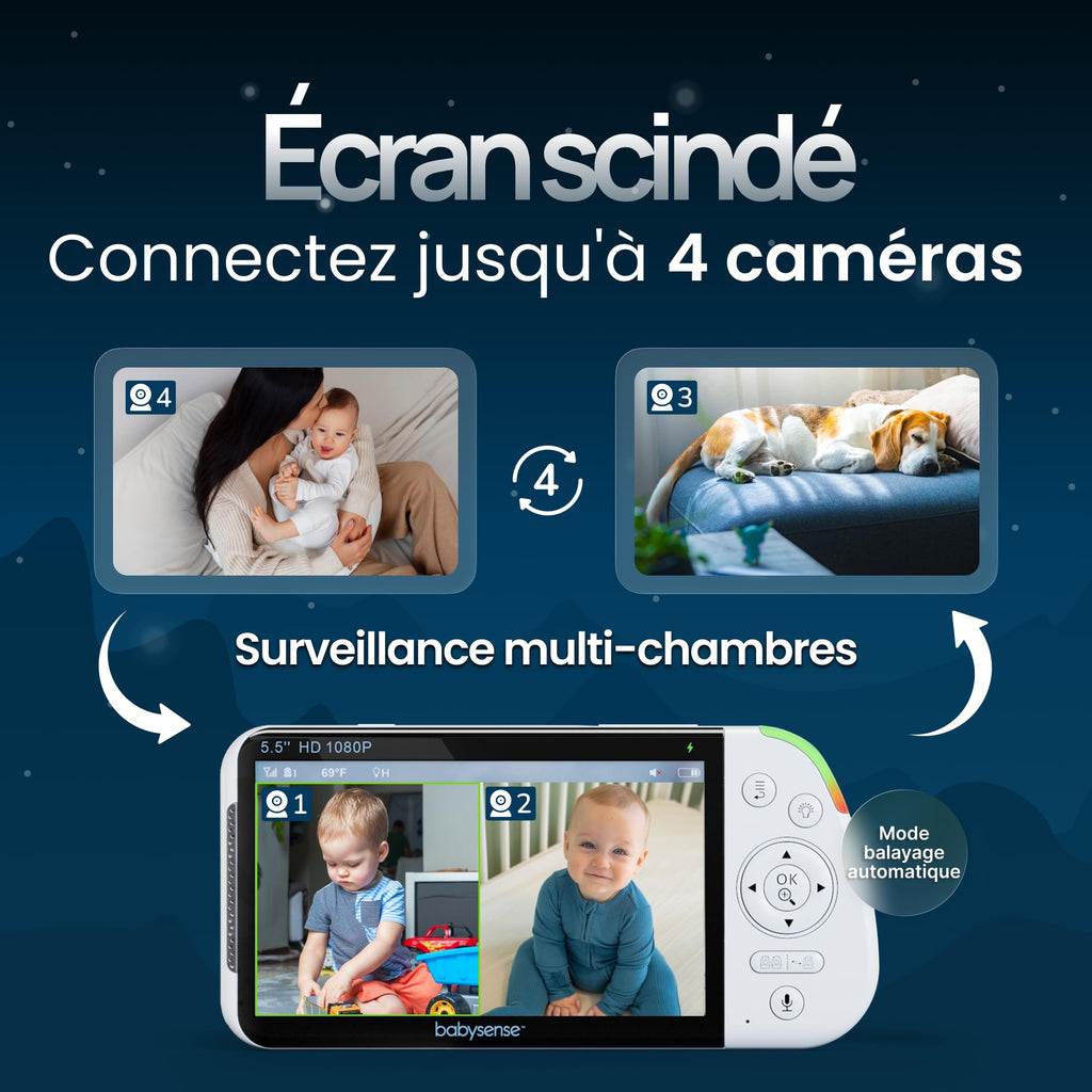 Moniteur bébé MVPRO-2CAM EU Full HD avec 2 caméras écran partagé veilleuse 6 couleurs connexion 2.4GHz FHSS sans WiFi