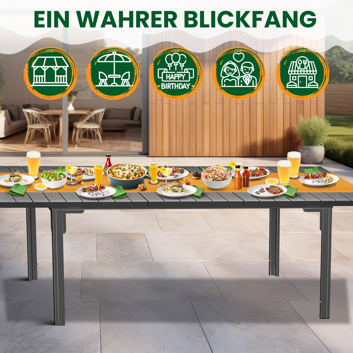 Ausziehbarer Gartentisch 180 bis 240 x 90 cm für 6 bis 8 Personen mit Stahlgestell und HDPE-Tischplatte
