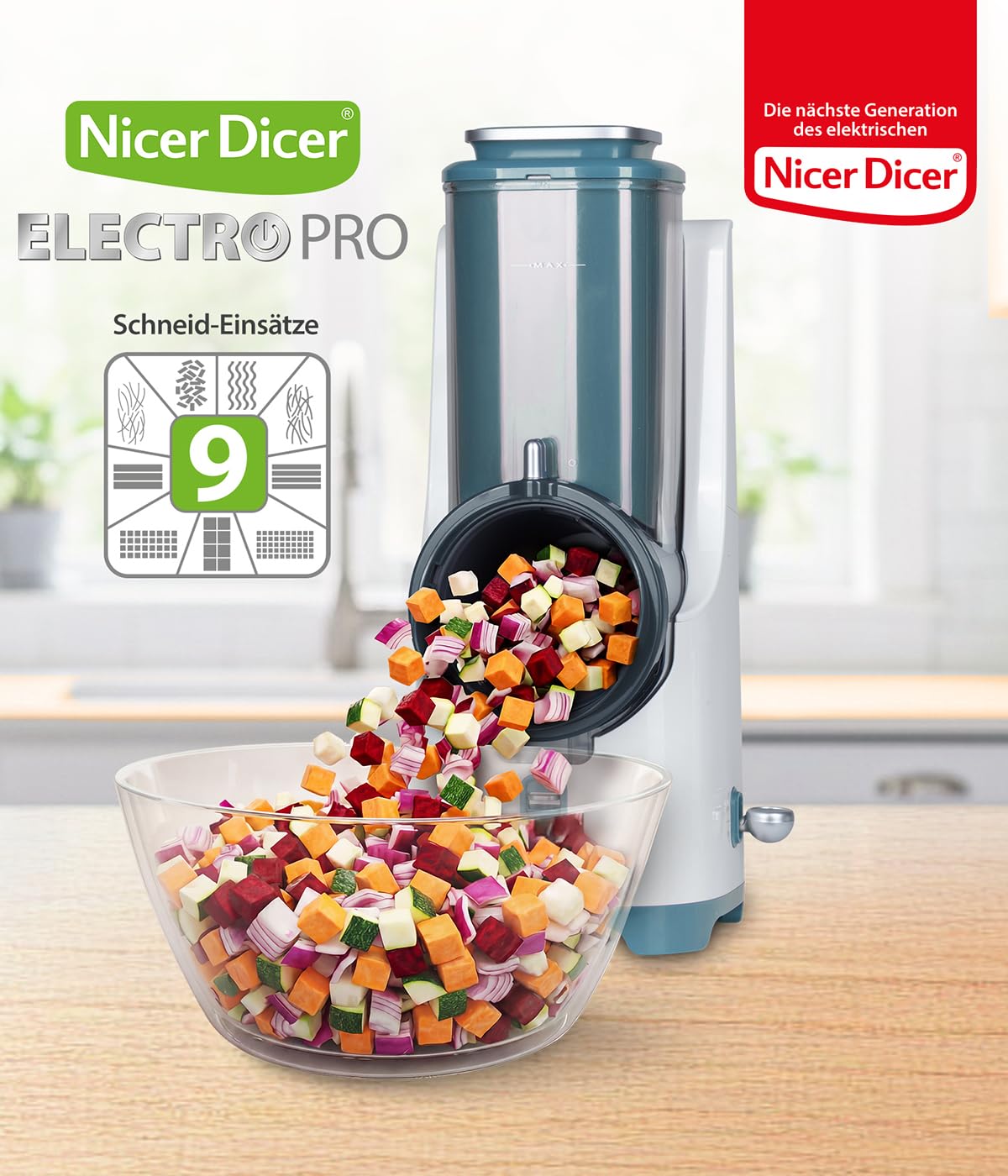 Elektrischer Gemüseschneider Nicer Dicer Electro PRO Set 32-teilig in Sage mit 9 Einsätzen zum Reiben, Hobeln, Würfeln und Schneiden