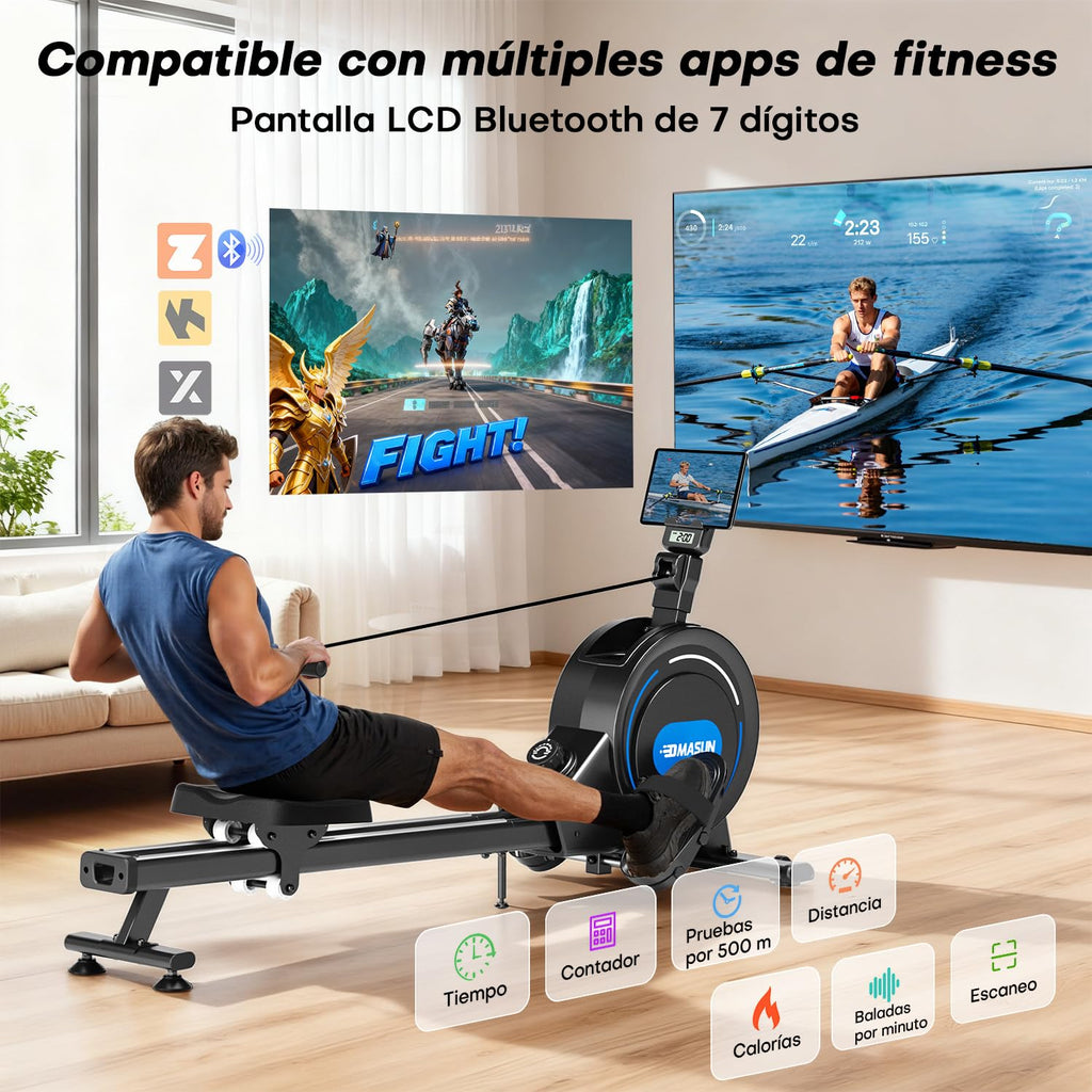 Rameur magnétique d'appartement 16 niveaux résistance double rail écran LED Bluetooth capacité 160 kg