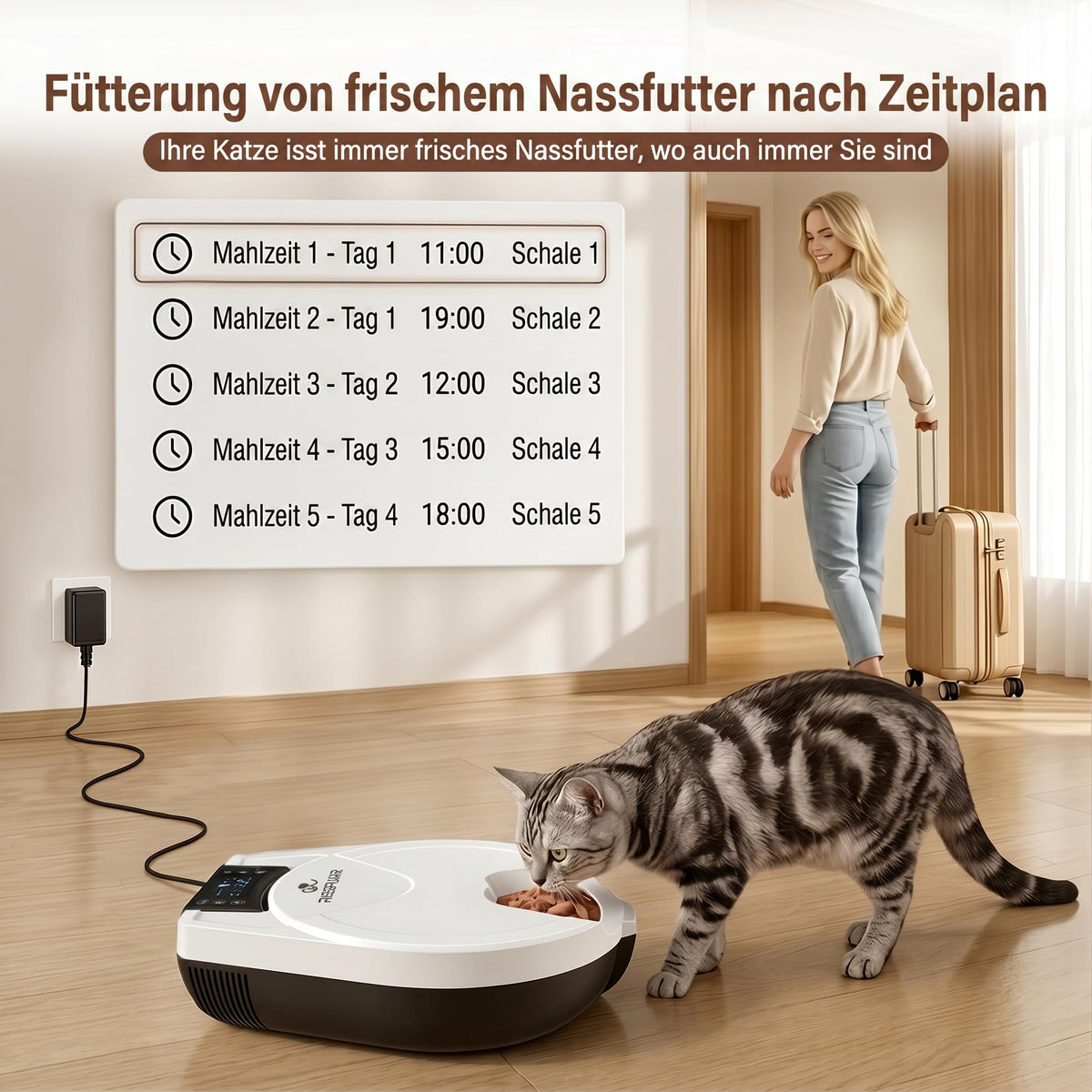 Automatischer Nassfutterautomat für Katzen mit Kühlung und Heizung, 5 Edelstahlschalen 304, 1,25 L, 3 Tage Frische