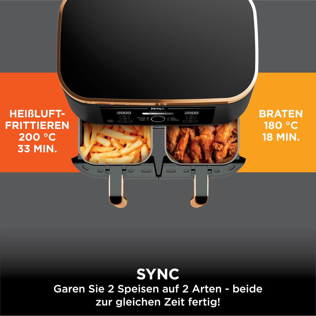 Heißluftfritteuse 9,5 L mit 2 Fächern und 6-in-1-Funktionen Dual Zone Airfryer mit Silikonzange Antihaftbeschichtung
