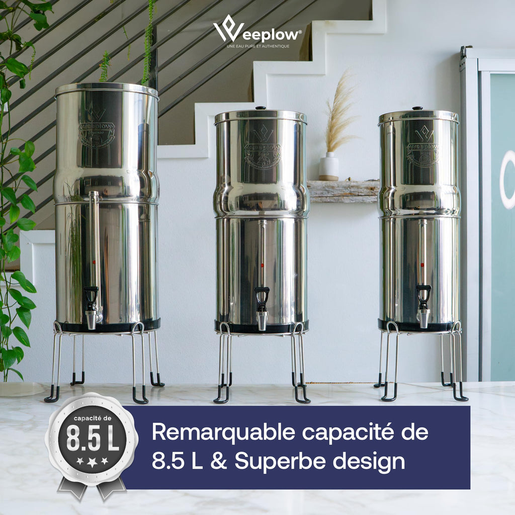 Système de filtration d'eau par gravité Earth WEEP850 8,5 L en acier inoxydable AISI 304 avec 2 filtres O'Pure 2 et robinet indicateur de niveau