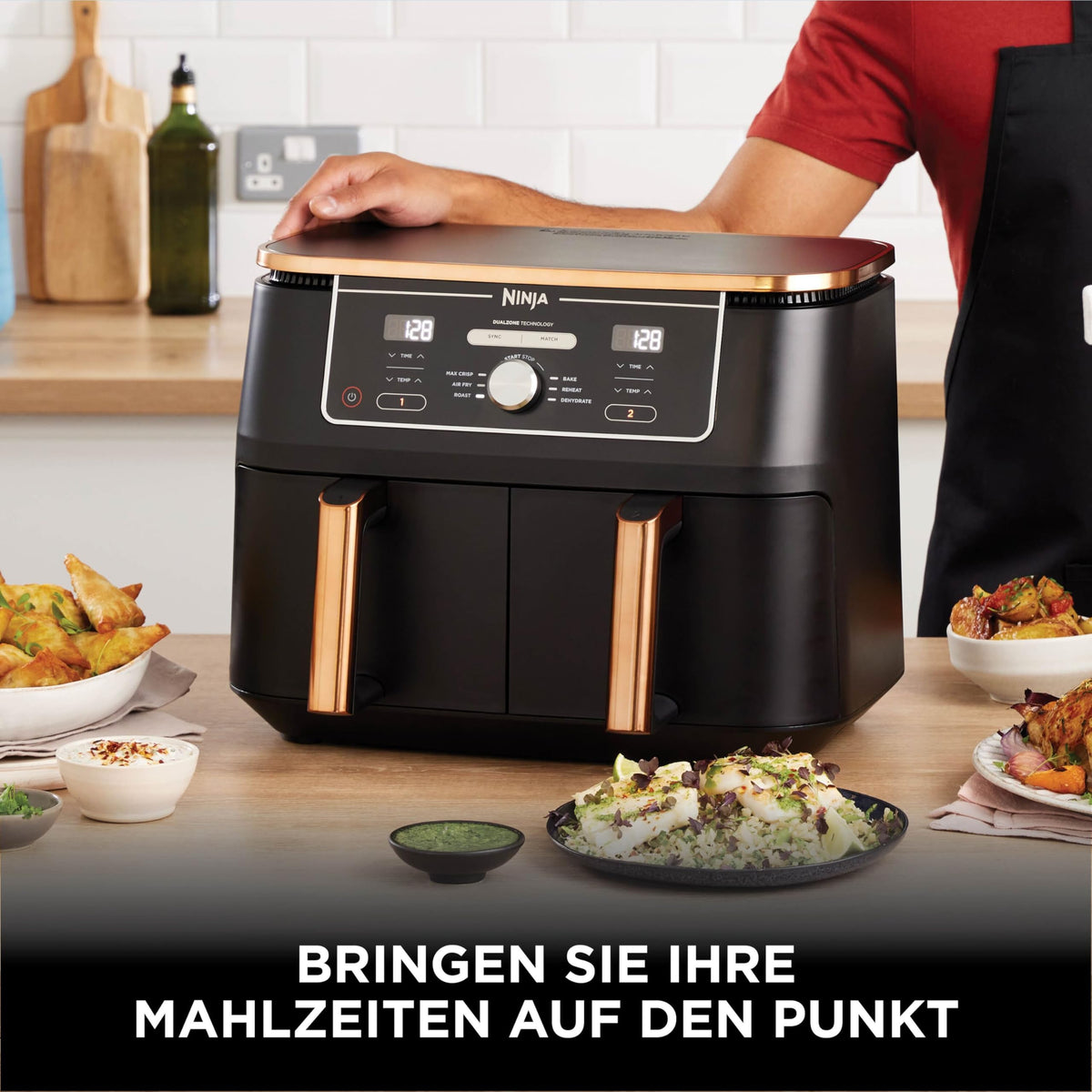 Heißluftfritteuse 9,5 L mit 2 Fächern und 6-in-1-Funktionen Dual Zone Airfryer mit Silikonzange Antihaftbeschichtung