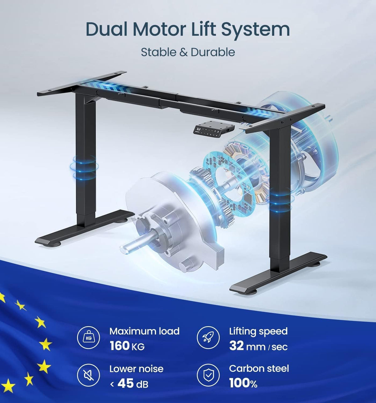Höhenverstellbares Schreibtischgestell mit 2 Motoren, 72-120 cm, 100-180 cm Breite, 160 kg Tragkraft und 4 Memory-Steuerung