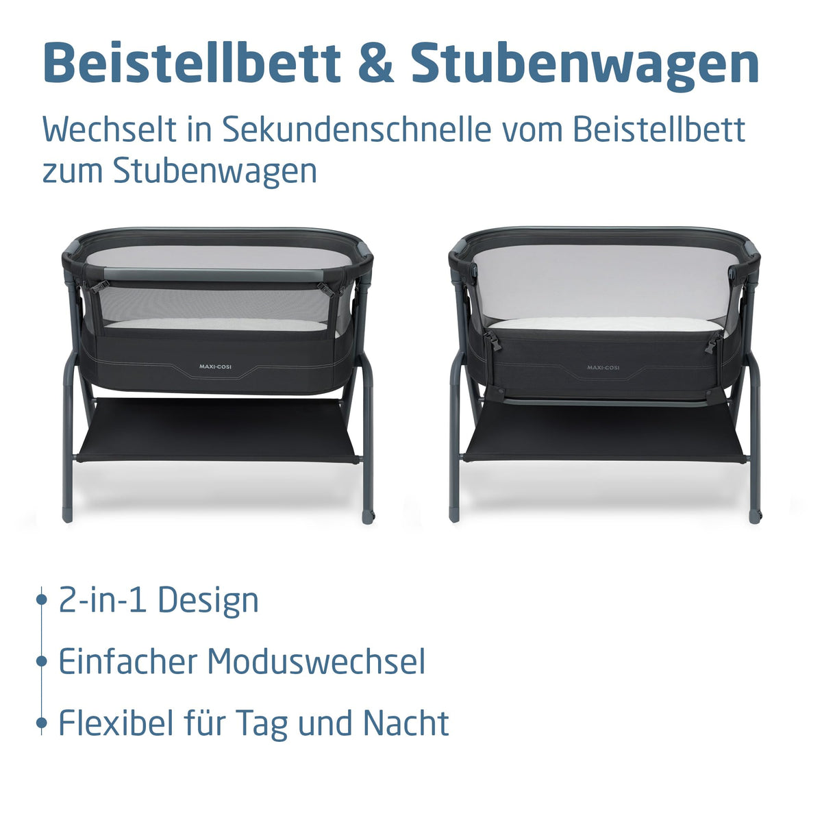 Baby Beistellbett Iora² von 0-6 Monaten mit CloudCore-Matratze, 5 Höhenstufen und Easy Slide, klappbar mit Rollen und Tragetasche, Elegance Graphite