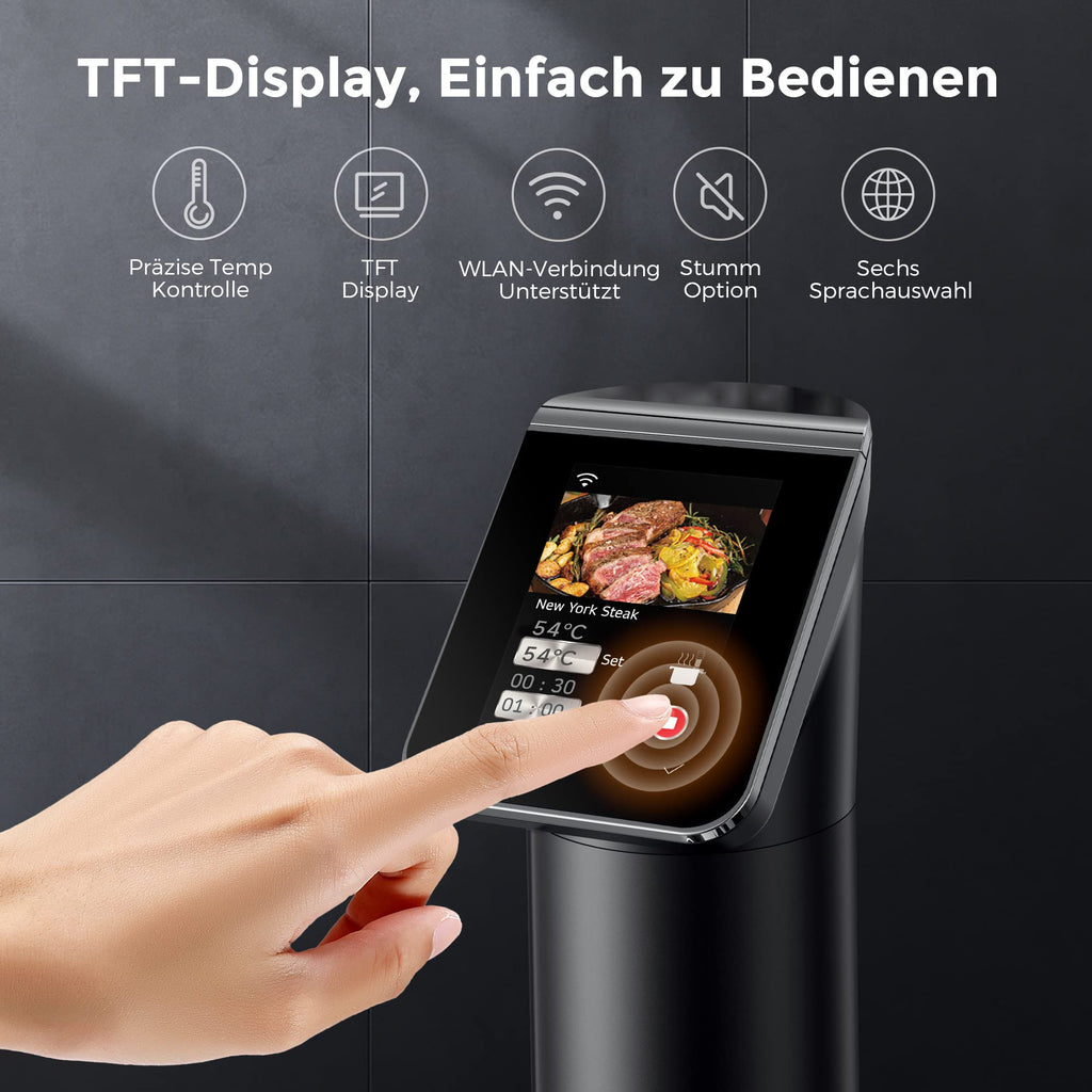 Sous Vide Garer Stick G330 mit WLAN, Präzisionskocher bis 90 °C, IPX7 wasserdicht, 1100 W, TFT-Touchdisplay und Timer