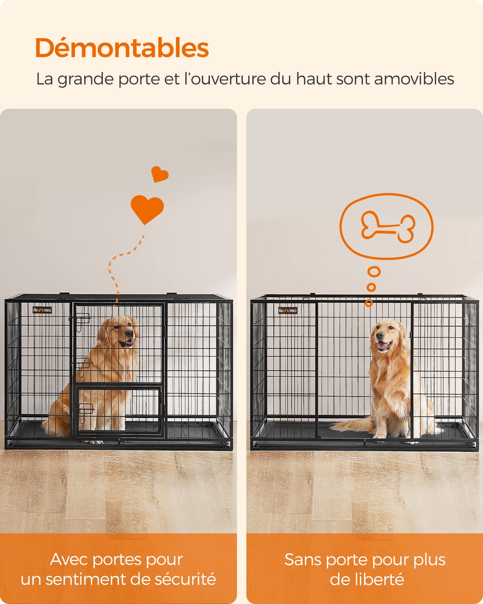 Cage pour chien XXL double porte PPD003B01 acier allié 122 x 74,5 x 80,5 cm avec plateau amovible