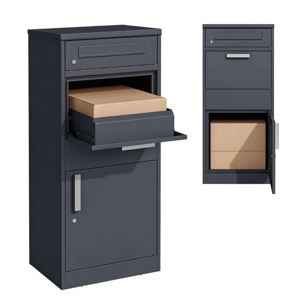 Freistehender Paketbriefkasten XXL mit Paketfach und Briefkasten, abschließbar, anthrazit, 112 cm hoch, inkl. 2 Schlüssel pro Schloss und Bodendübel