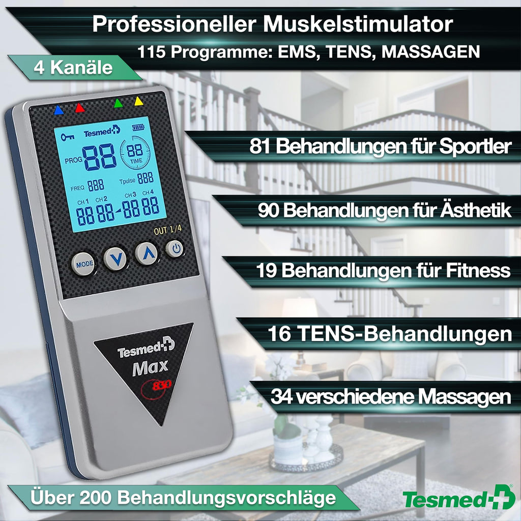 TENS-EMS-Massagegerät mit 4 Kanälen, 115 Programmen und 99 Intensitätsstufen, wiederaufladbar über USB