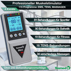 TENS-EMS-Massagegerät mit 4 Kanälen, 115 Programmen und 99 Intensitätsstufen, wiederaufladbar über USB