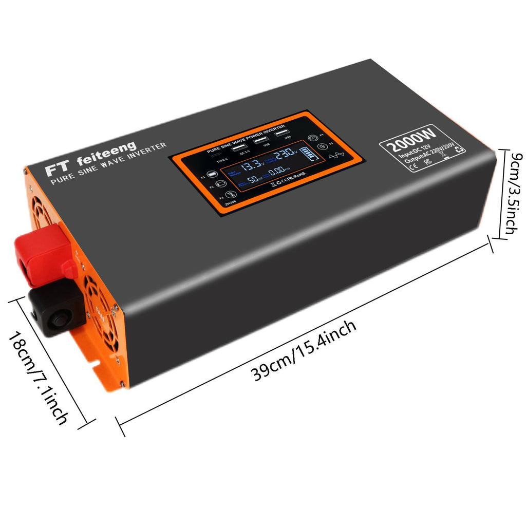 Convertisseur 12V 220V pur sinus 2000W avec puissance crête 4000W 2 prises CA port USB écran LCD et télécommande