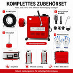 Rohrreinigungsmaschine 850W mit 400 U/min Ausgangsdrehzahl für Rohre Ø40–200 mm, inkl. 20 m Spirale, Biegespirale und 6 Reinigungsköpfen